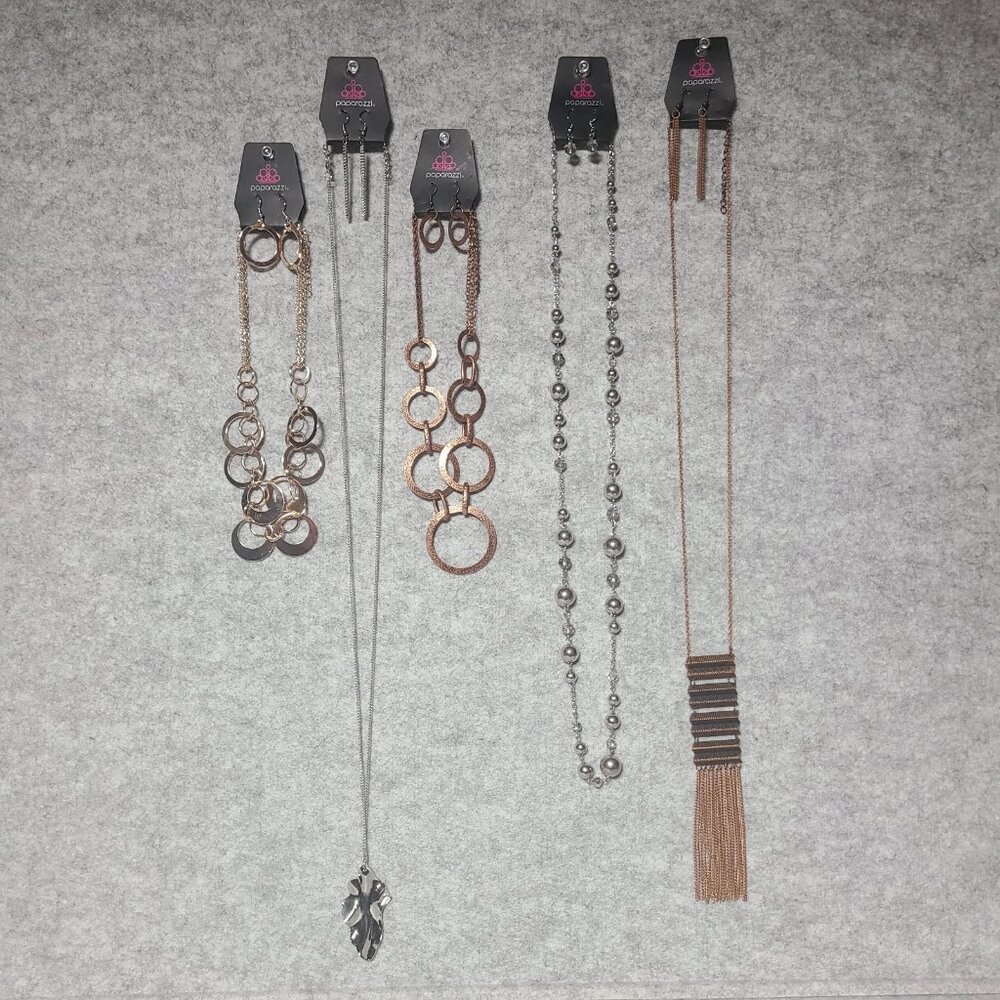 NWT Bundle of 5 Paparazzi Sets - Necklace with Earrings Silver Copper Gold Tones